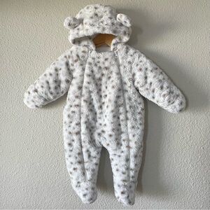First Wish Snowsuit Baby Girl 3-6M Leopard Print One Piece Zip Up Faux Fur Snow